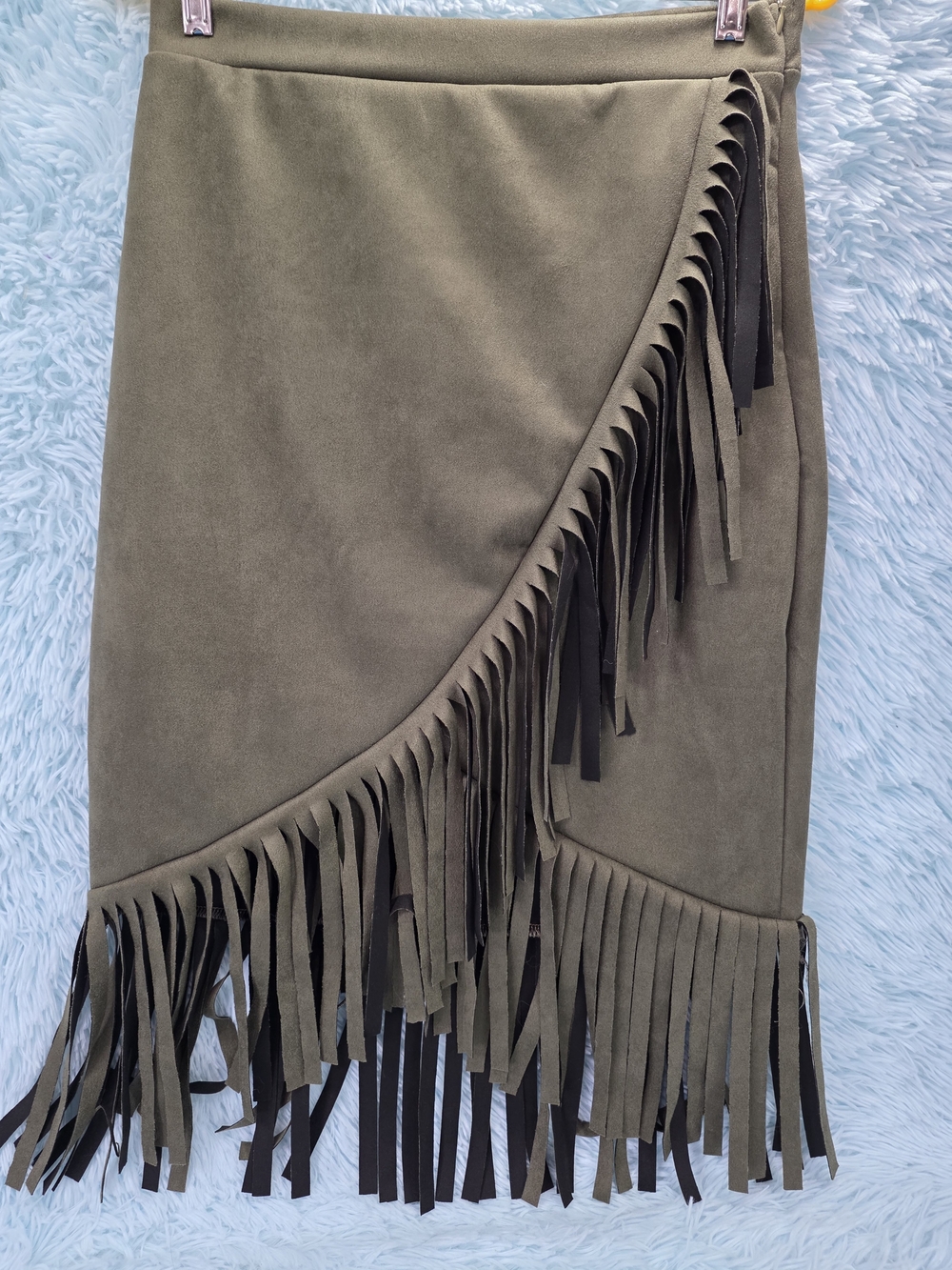 Asymmetrical Olive Green Fringe Skirt | Soft Faux Suede Boho Midi | Size L